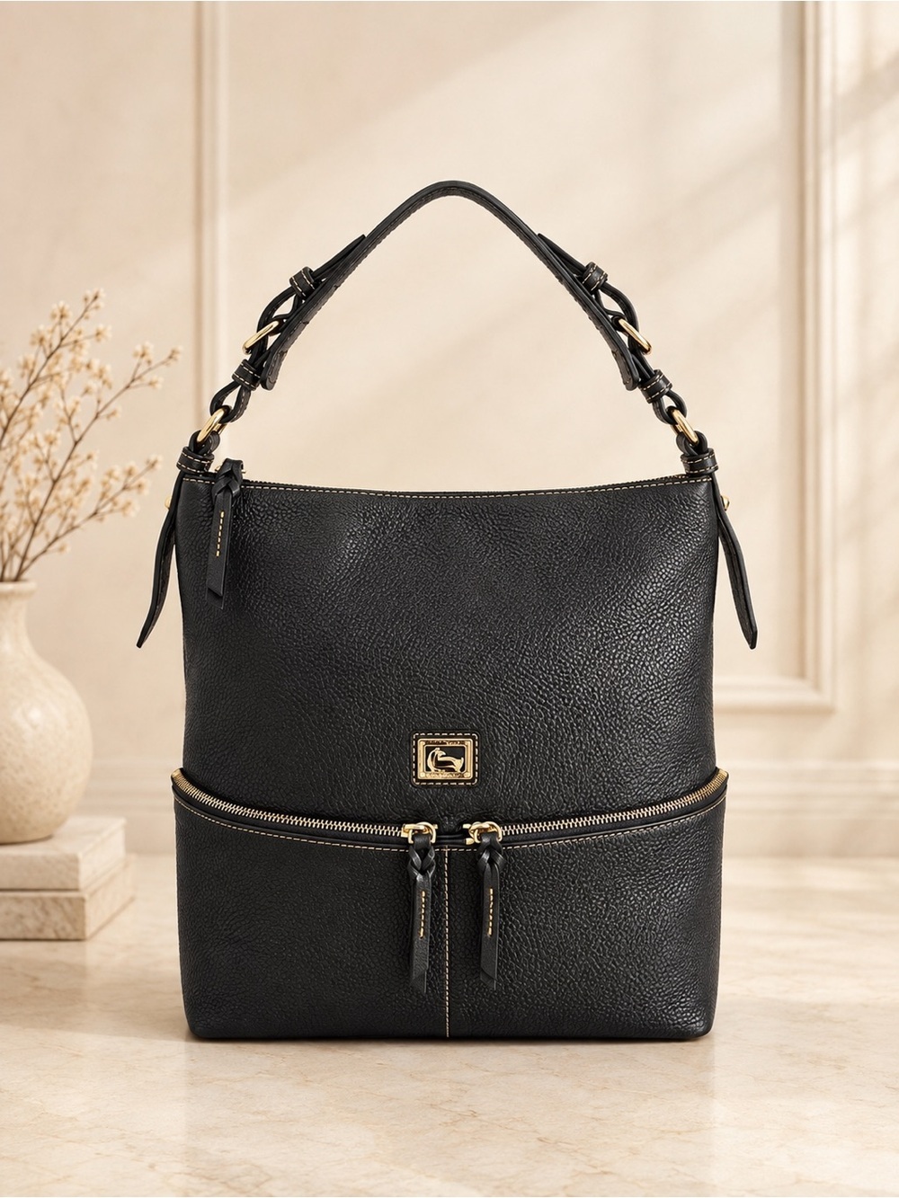 Dooney & Bourke Black Pebbled Leather Hobo Shoulder Bag Double Zip Pocket
